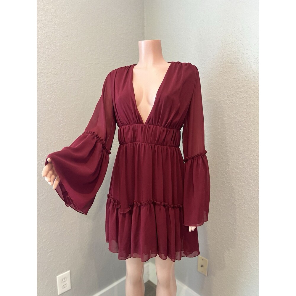 MISS ORD CUTE Ruffle Pintuck Dres Sz L WINE Maroon Romantic Cottagecore NWT #125